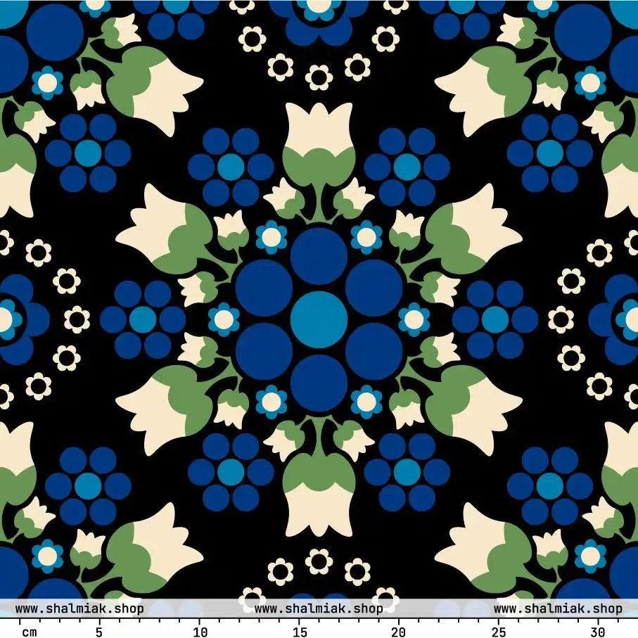 Fabric - BERRY DANCE blue black - Berries and flowers print