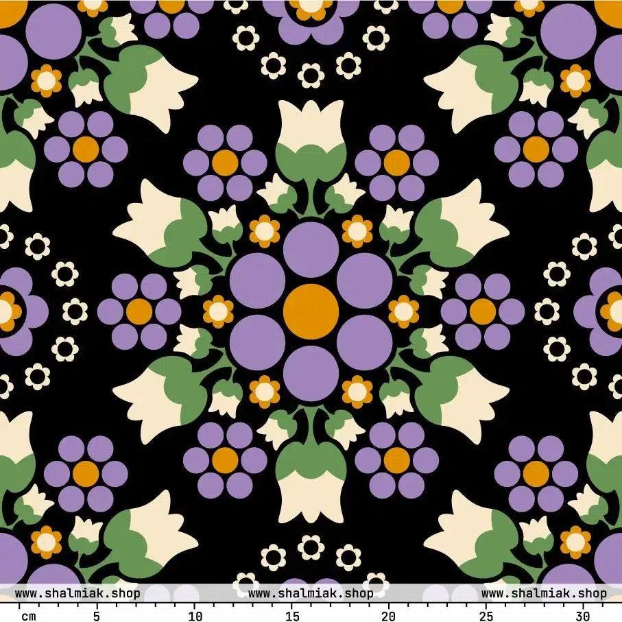 Fabric - BERRY DANCE purple black - Berries and flowers print