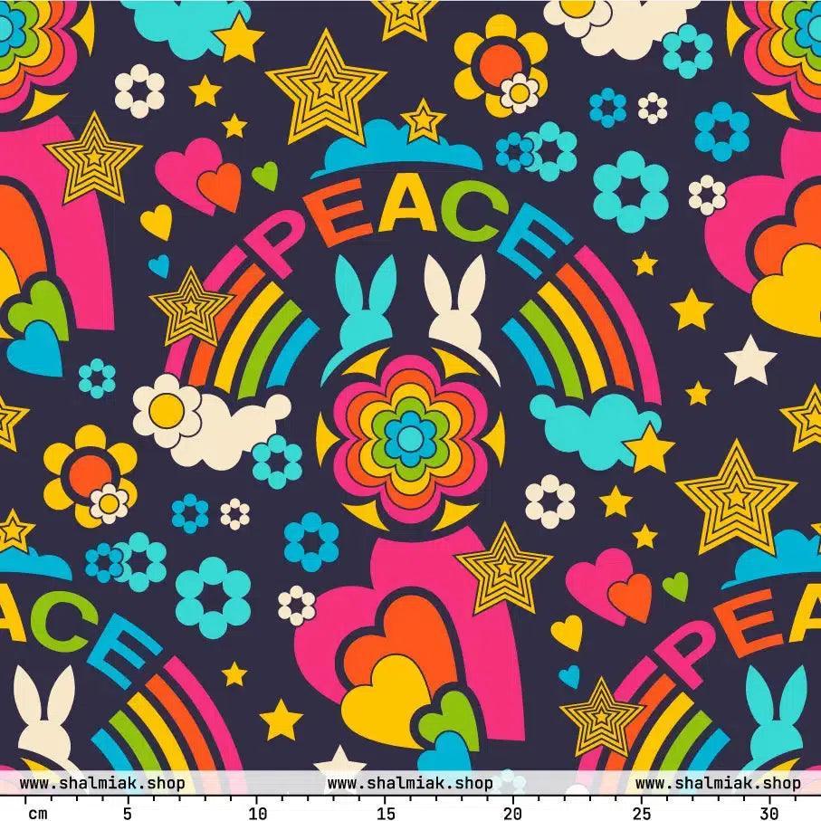 Fabric - BUNNY PEACE dark blue - Bunnies and peace print