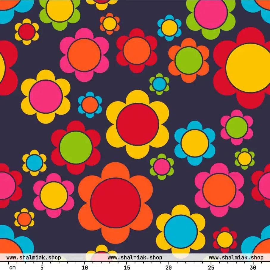 Fabric - FLORA PEACE dark blue - Colorful retro floral print