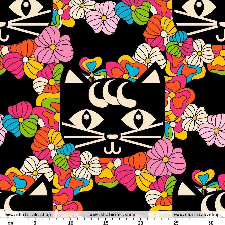Fabric - MAGICAT black - Black cats and flowers print