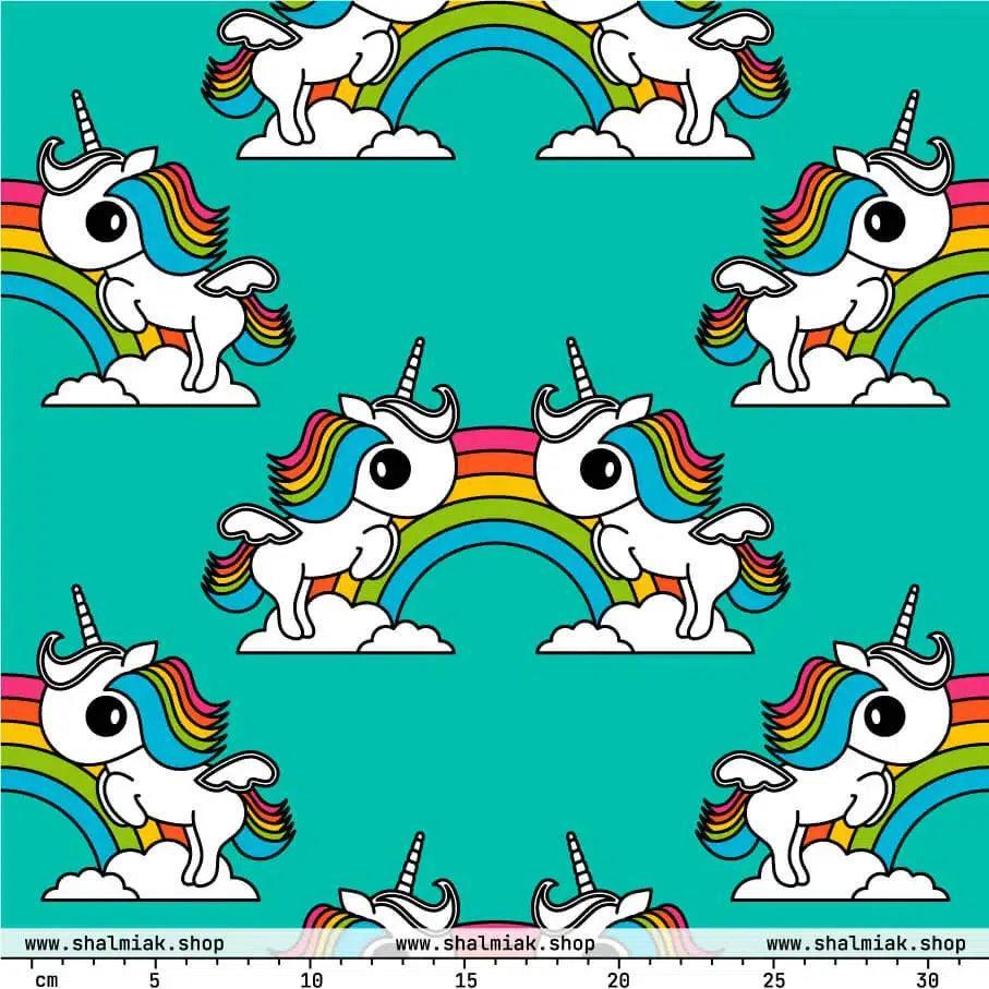 Fabric - UNIQUE mint - Unicorns and rainbows print