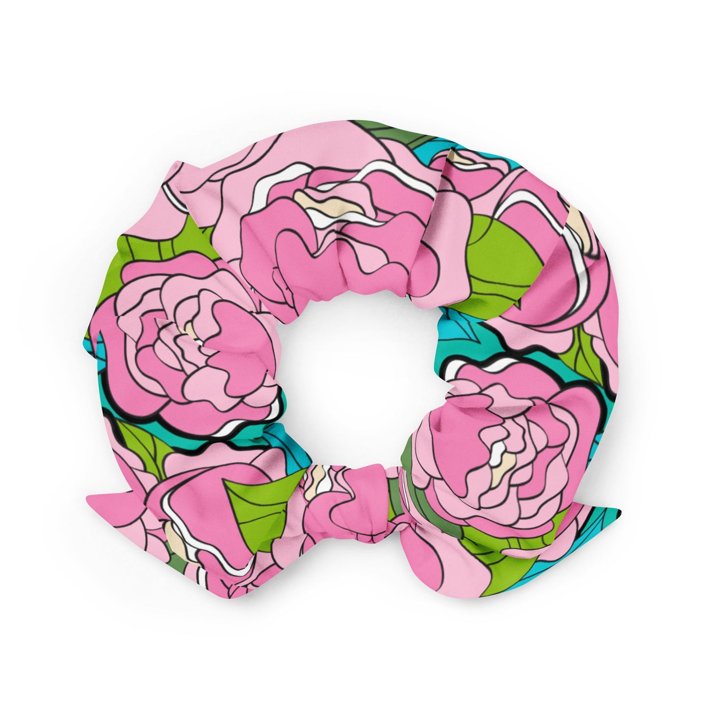 Scrunchie - BE MY ONLY pink turquoise - Bold pink peony print