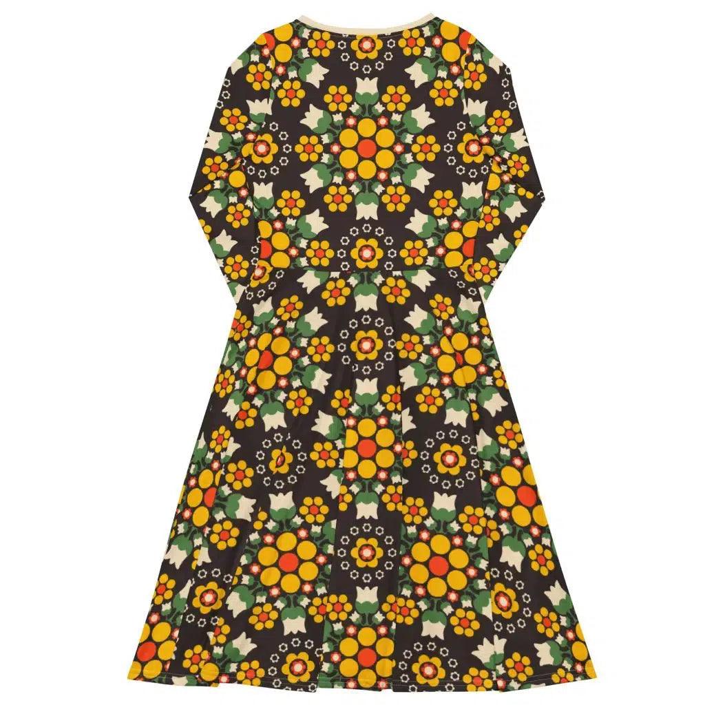 Midi dress - BERRY DANCE yellow brown - Berries and flowers print