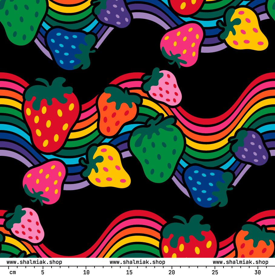 Fabric - BERRYBOW black - Strawberry rainbow print Print