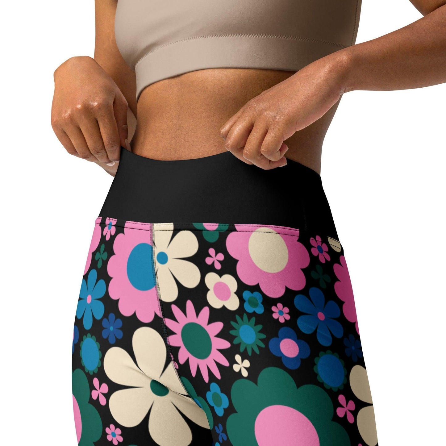 Yoga leggings -2- BLOOMPOP blue pink - Colorful bloom print