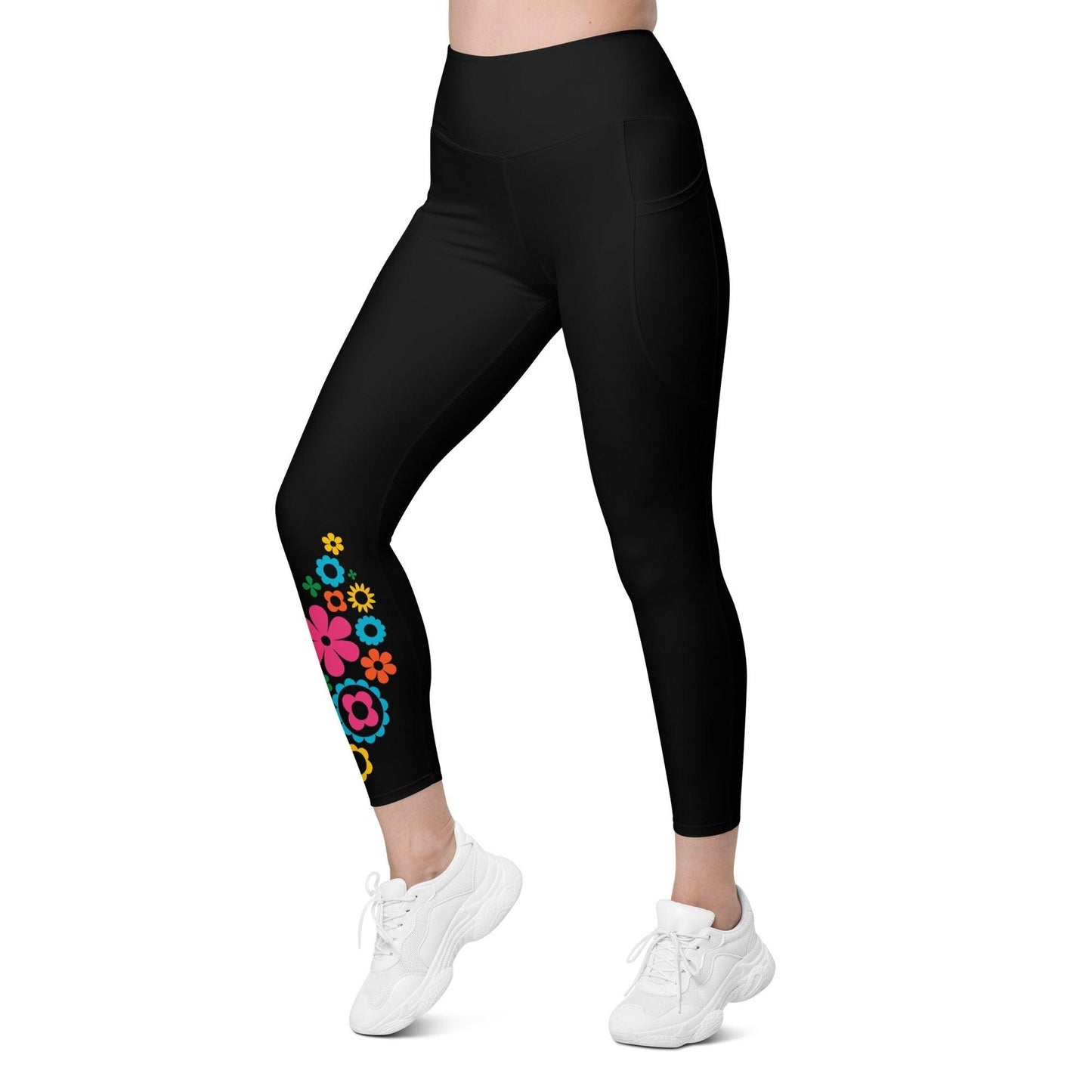 Leggings with pockets - BLOOMPOP happy in black - Colorful bloom print