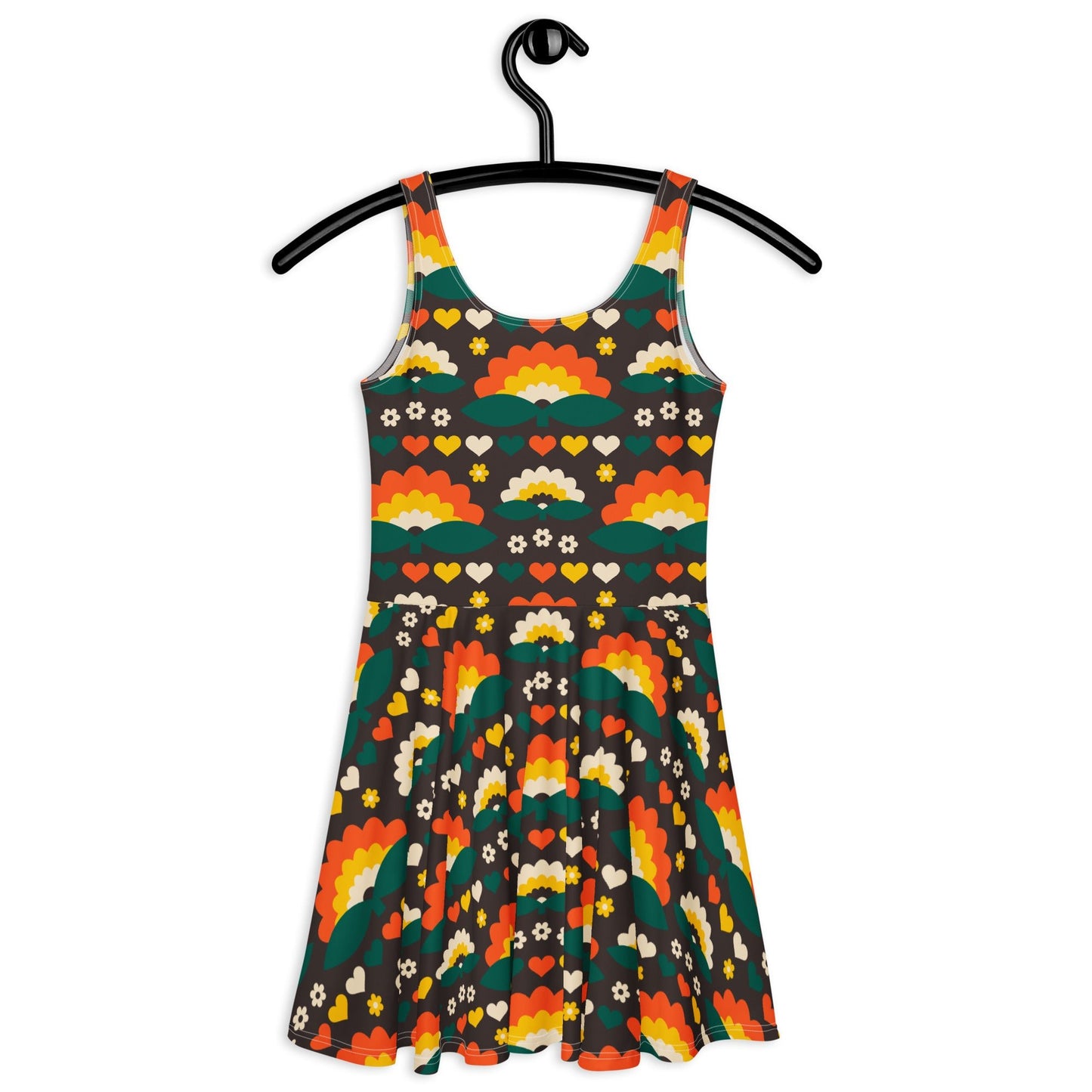 Skater dress - FALL IN LOVE orange brown - Elegant flower and heart print