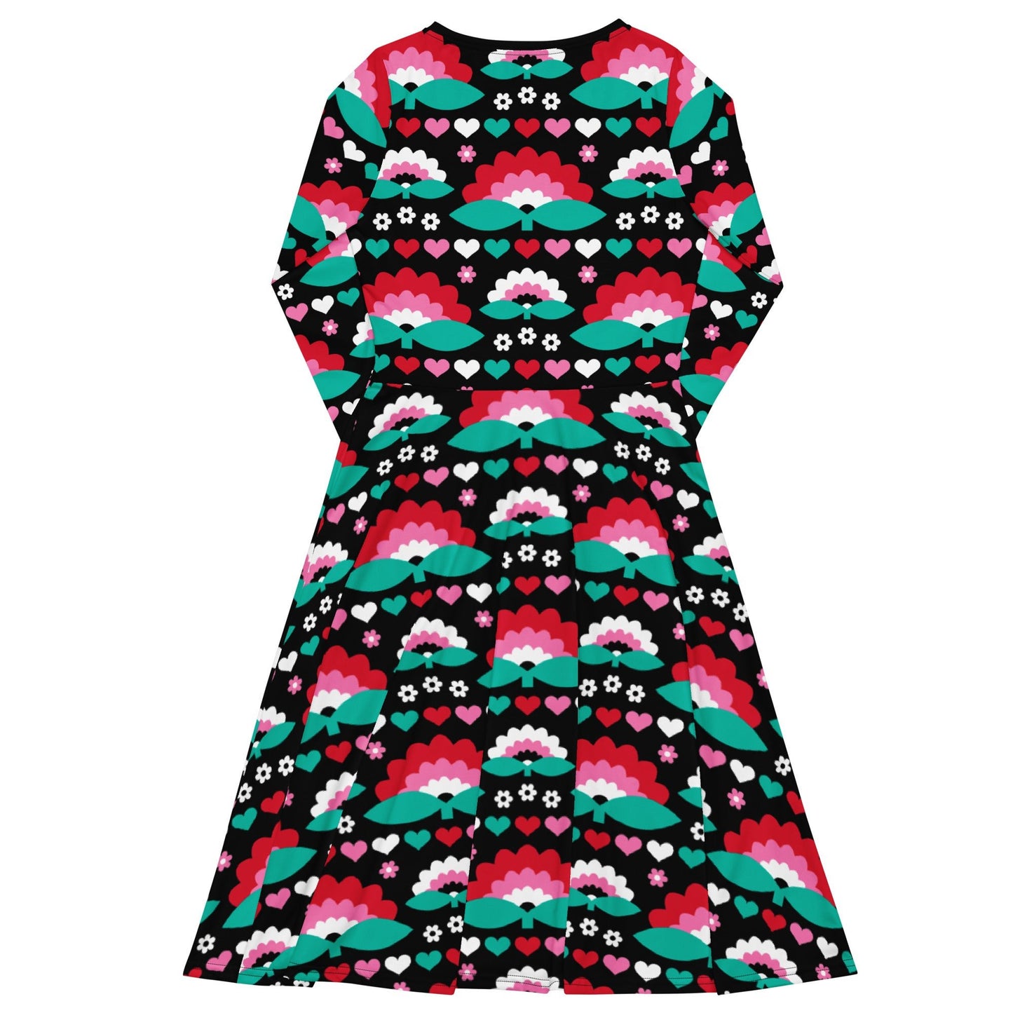 Midi dress - FALL IN LOVE red - Elegant flower and heart print