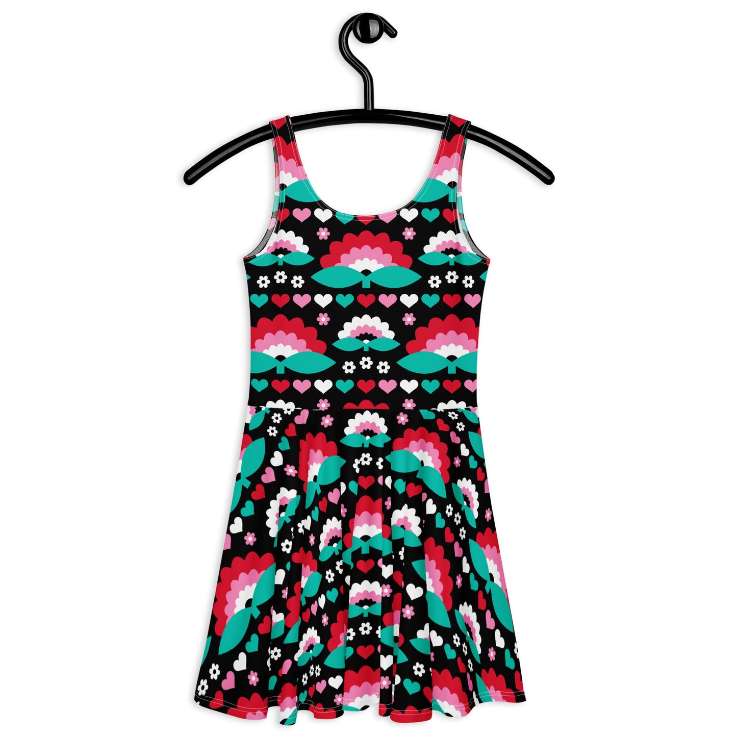 Skater dress - FALL IN LOVE red - Elegant flower and heart print