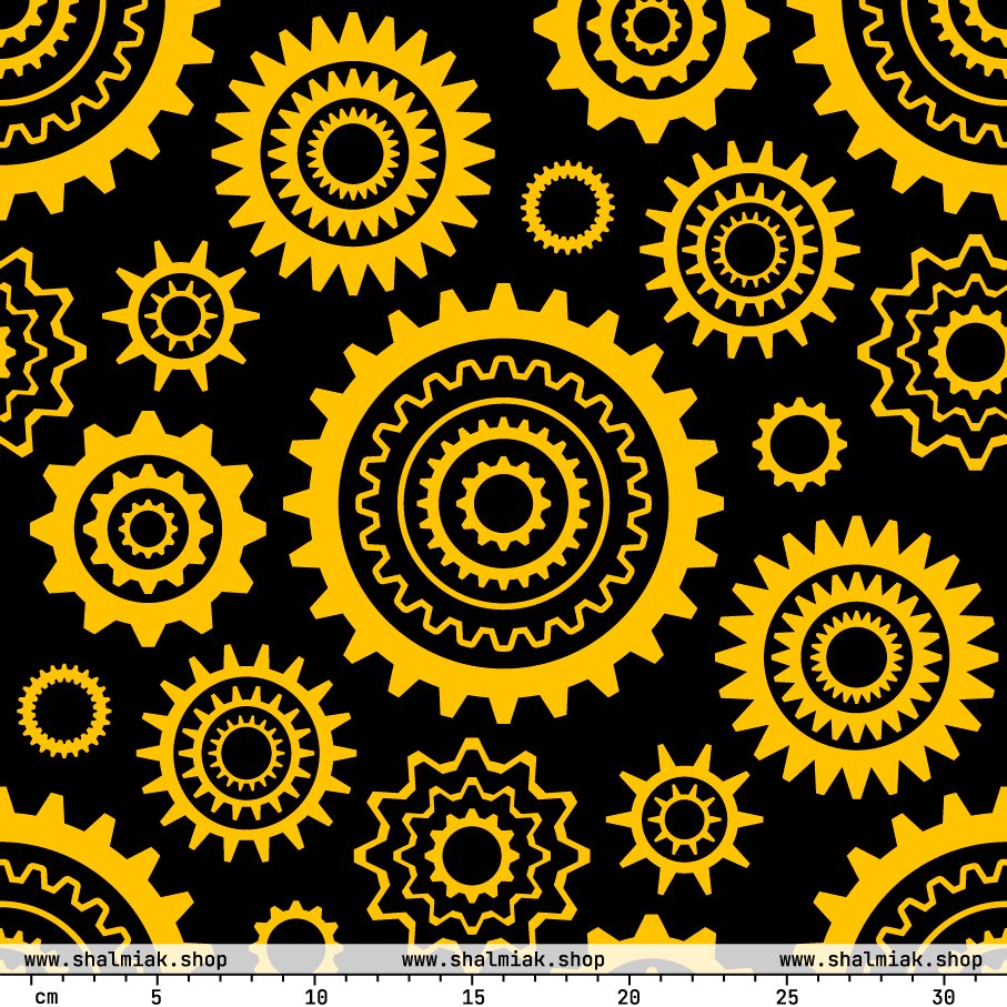 Fabric - GREAT GEAR yellow black - Gear and tech print