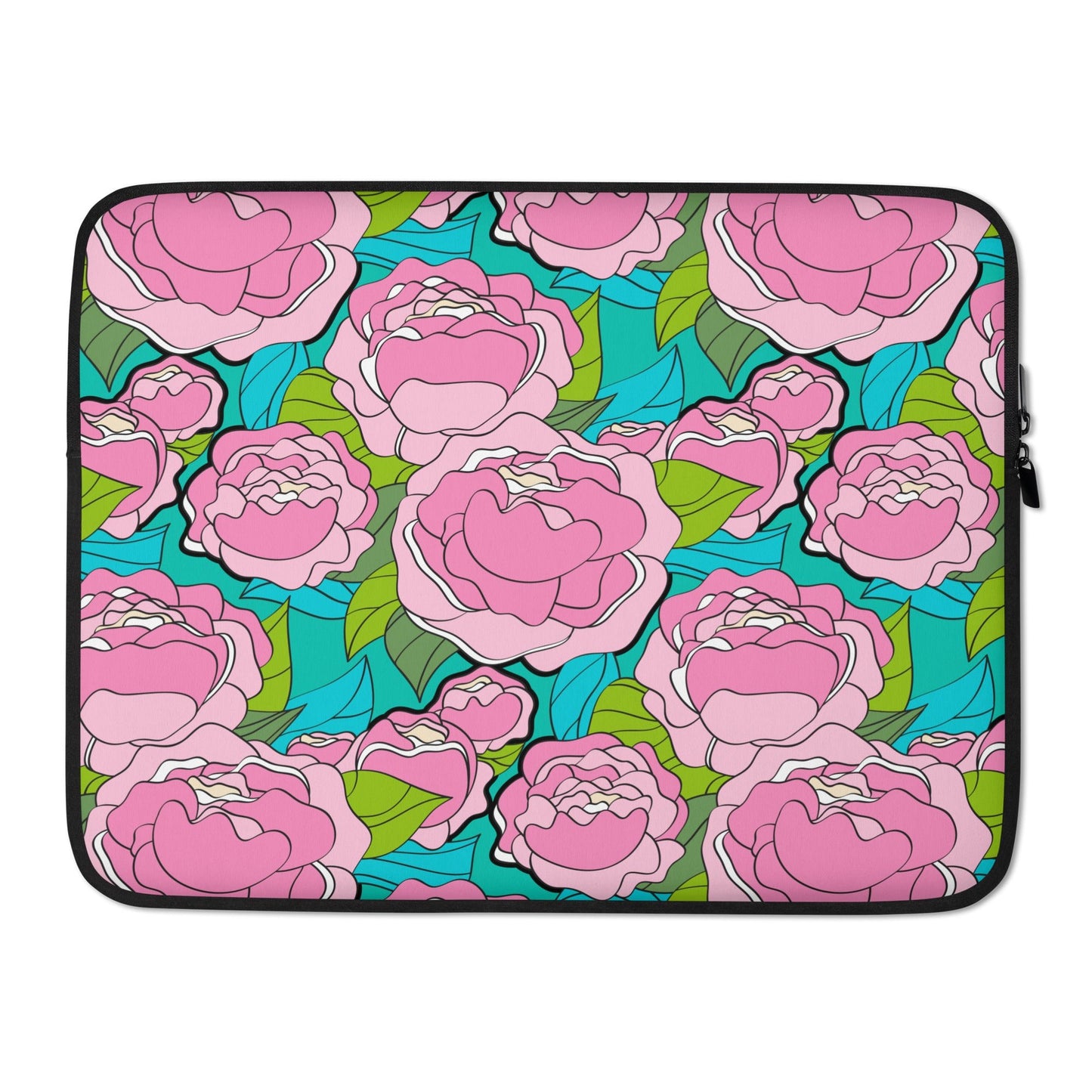 Laptop sleeve - BE MY ONLY pink turquoise - Bold pink peony print 15″