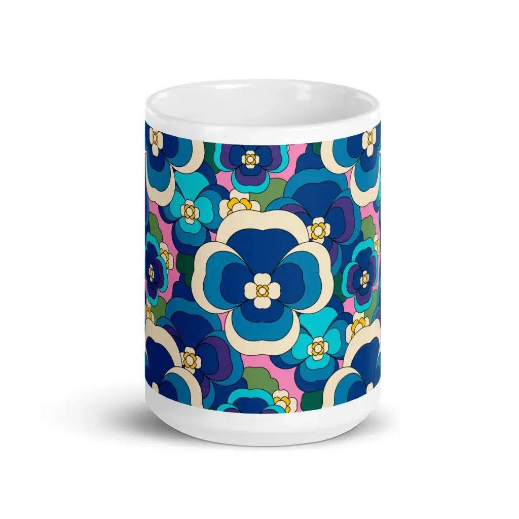 Mug - PANSY FANTASY blue pink - Retro pansy print 15oz