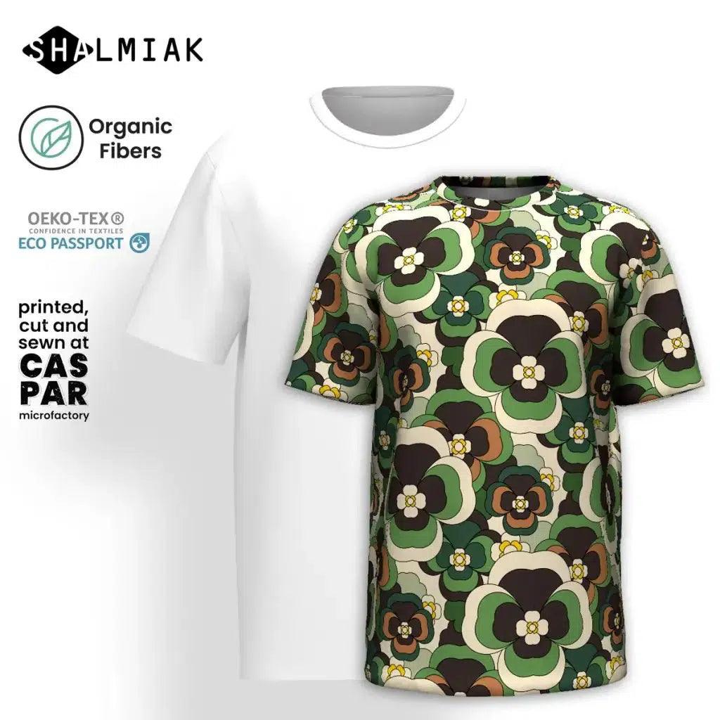 Organic cotton t-shirt - PANSY FANTASY green - Retro pansy print