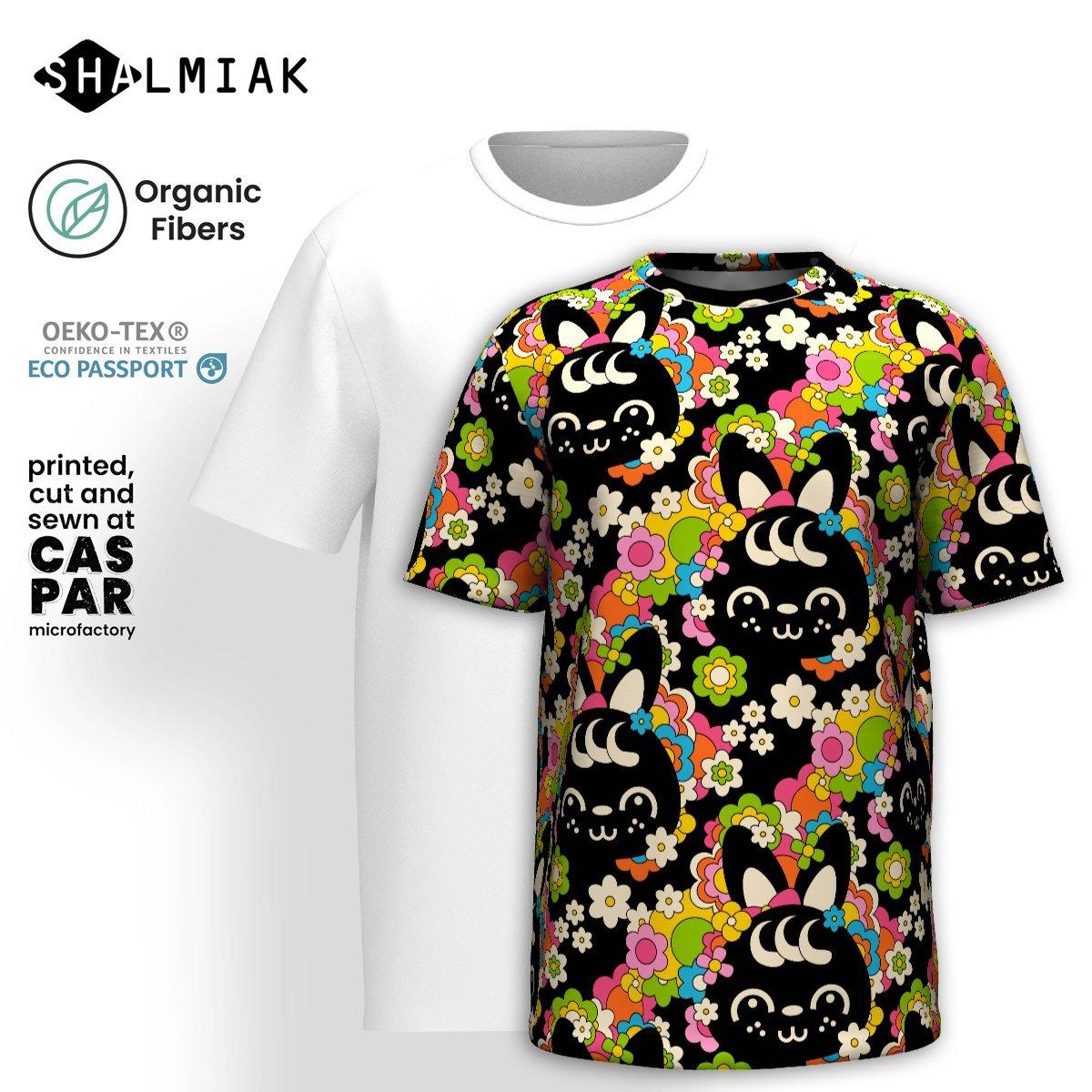 Organic cotton t-shirt - POPBUNNY black - Playful bunnies and flowers print