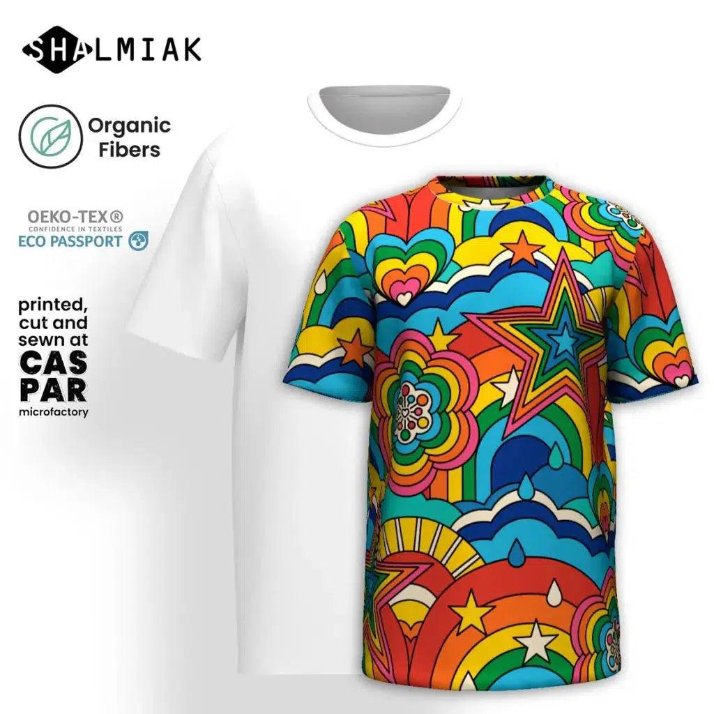 Organic cotton t-shirt - RAINBOW RAVE - Bold rainbow sky print