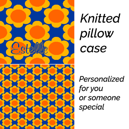 Personalized knitted pillowcase with flowers Orange Blue