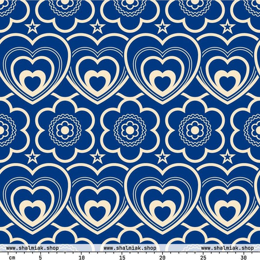 Fabric - RAMONA blue - Simple hearts and flowers print