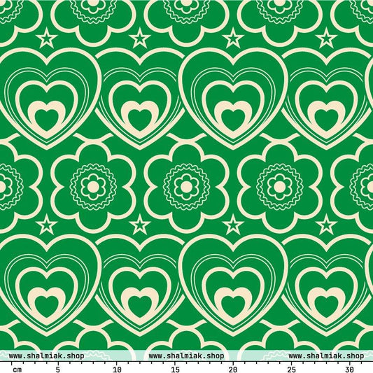 Fabric - RAMONA green - Simple hearts and flowers print