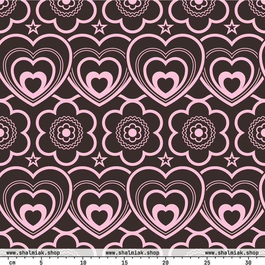 Fabric - RAMONA pink brown - Simple hearts and flowers print