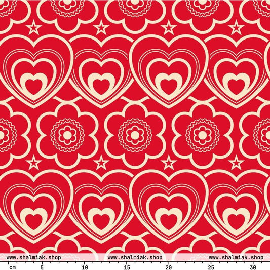 Fabric - RAMONA red - Simple hearts and flowers print