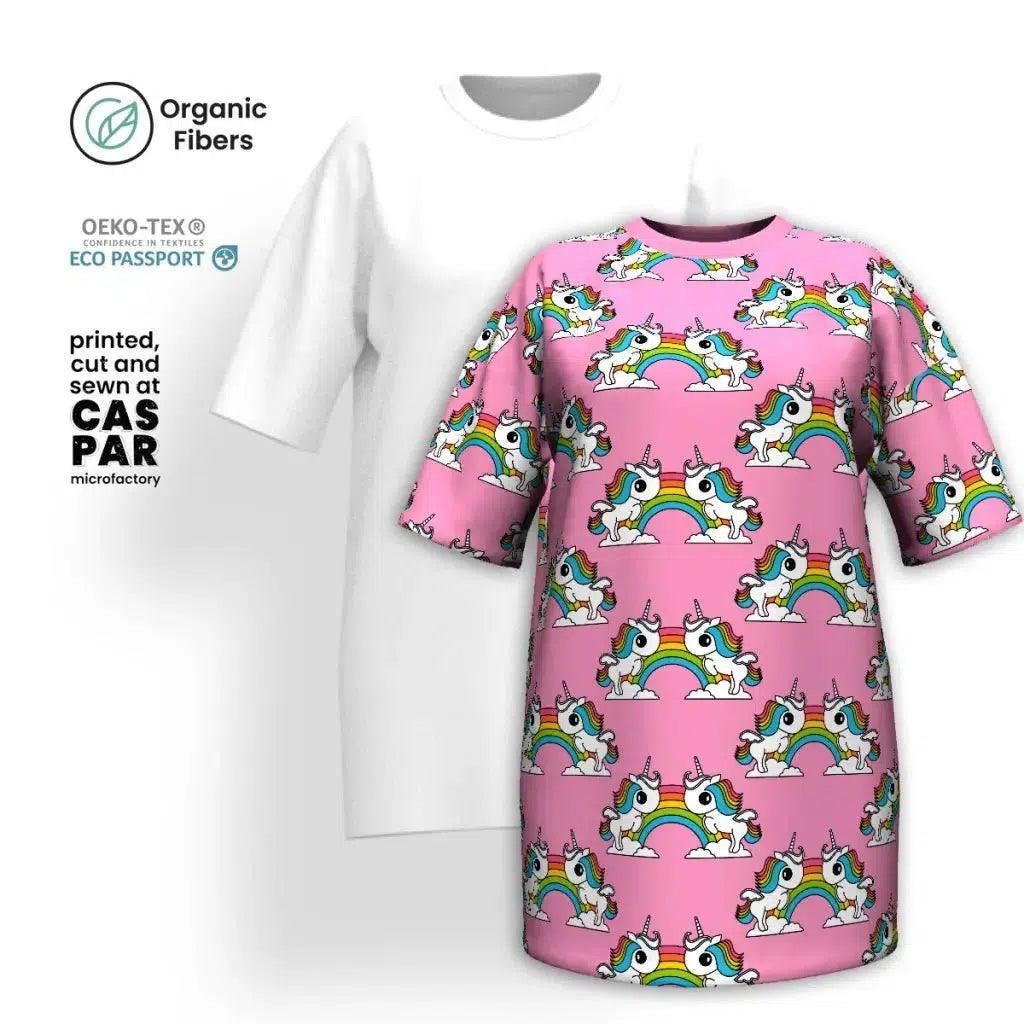 UNIQUE pink - Organic Cotton T-Shirt Dress with unicorns and rainbows | SHALMIAK