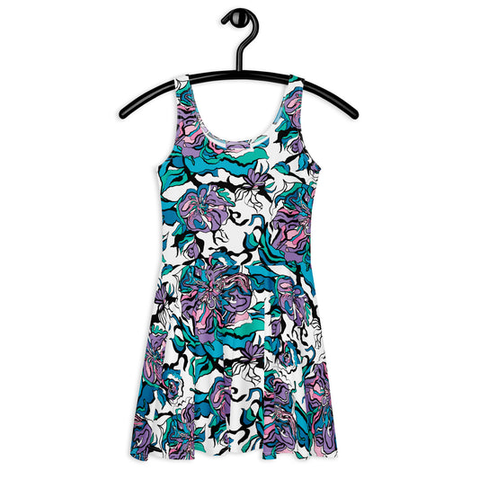 Skater dress - BLOOM RIOT blue white - Edgy floral print 3XL