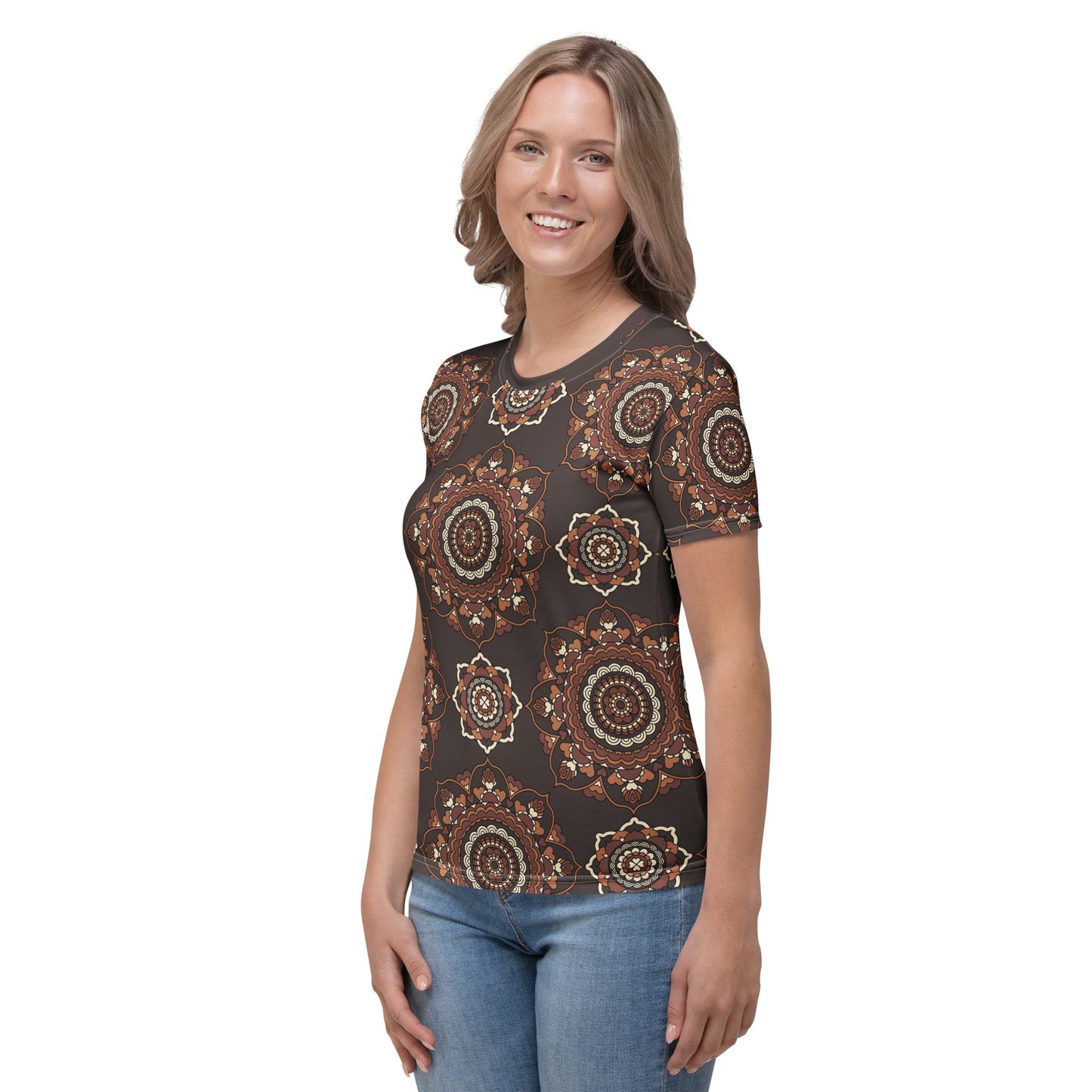 Woman's t-shirt - FOREVERMORE brown - Romantic flower and heart print