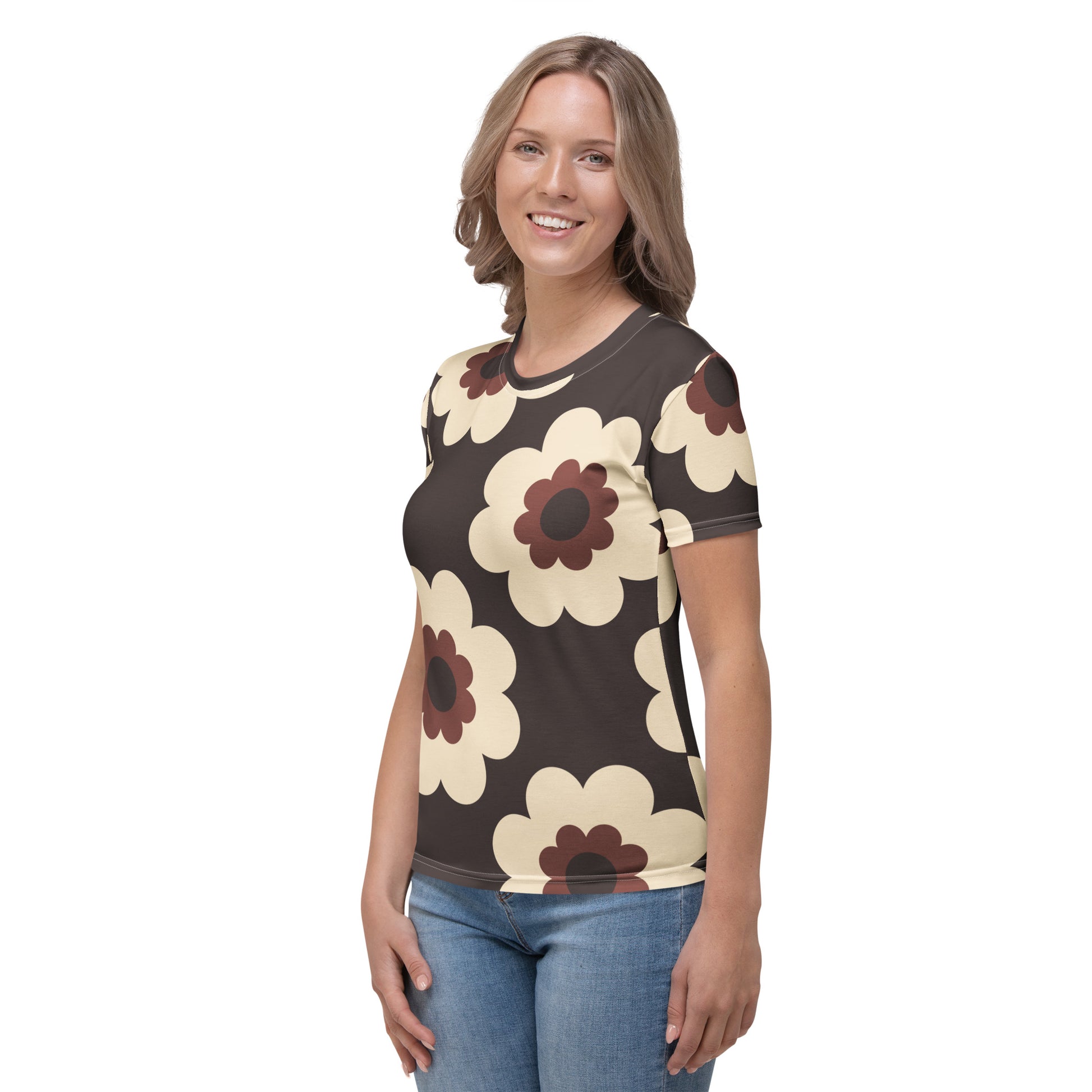 Woman's t-shirt - FANCY BLOOM brown - Pretty floral print
