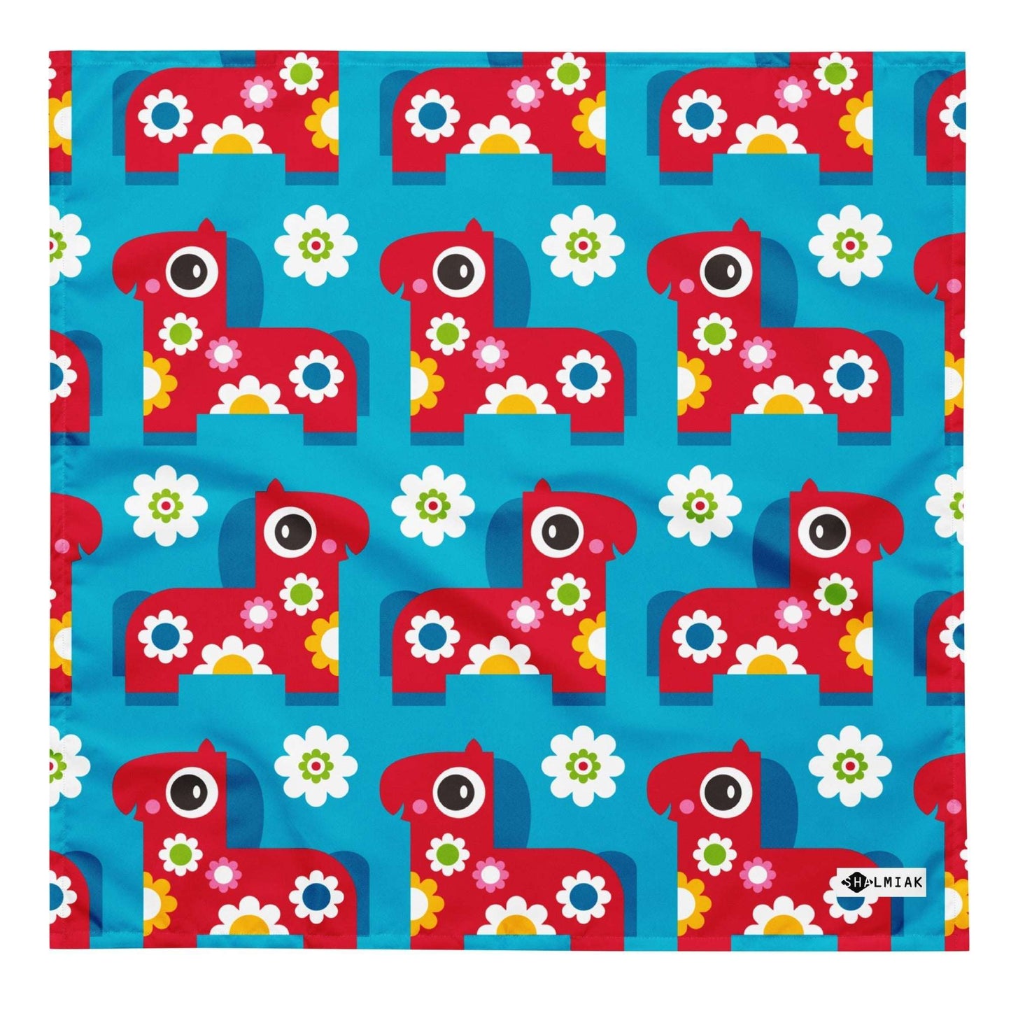 Bandana - PONY BLOOM turquoise - Happy ponies and flowers print L