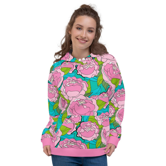Hoodie - BE MY ONLY pink turquoise - Bold pink peony print