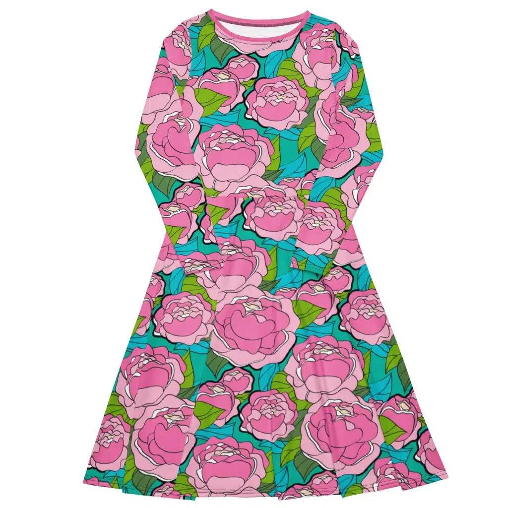 Midi dress - BE MY ONLY pink turquoise - Bold pink peony print