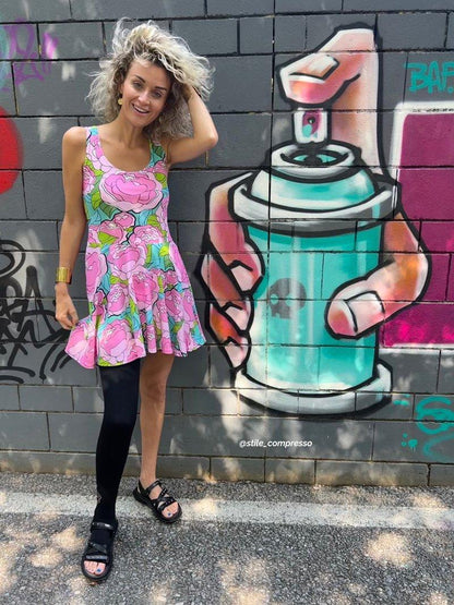 Skater dress - BE MY ONLY pink turquoise - Bold pink peony print