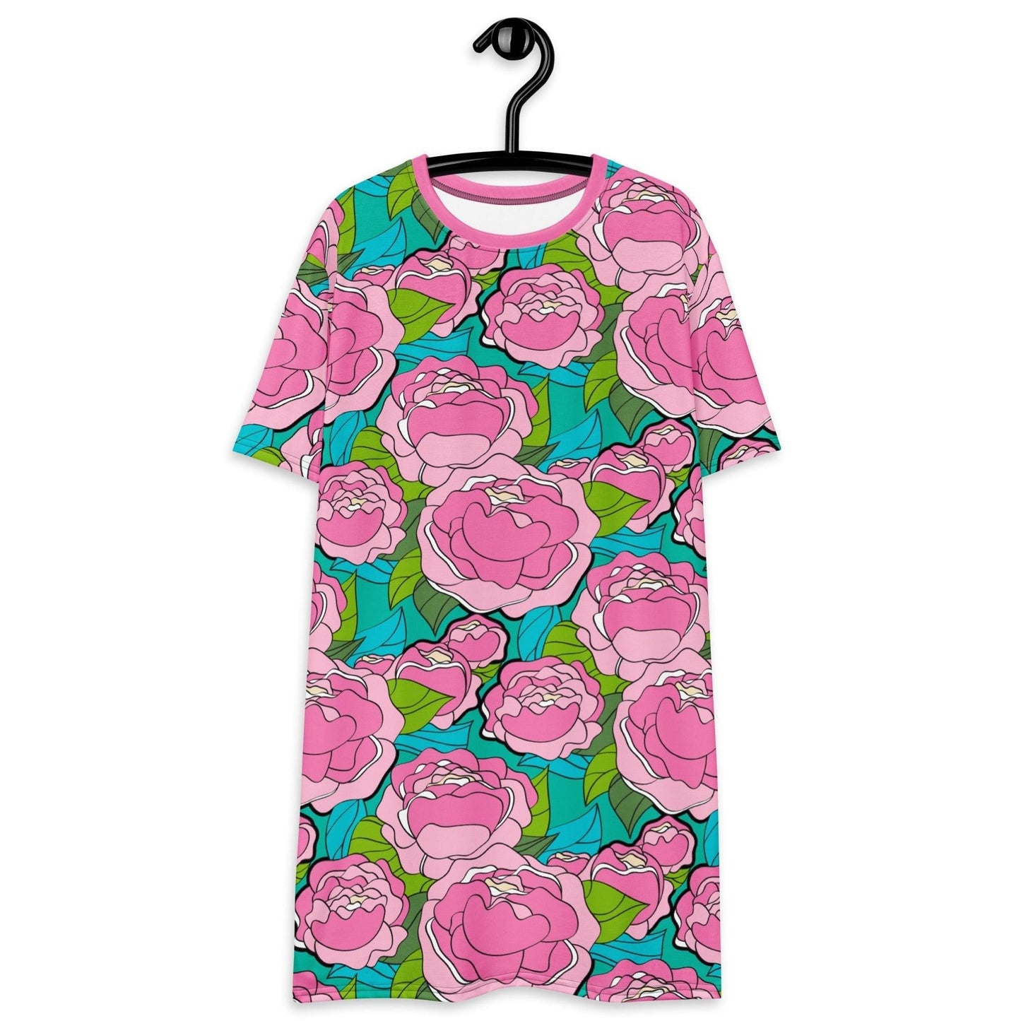 T-shirt dress - BE MY ONLY pink turquoise - Bold pink peony print 6XL