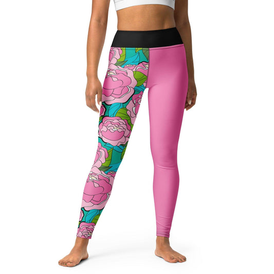 Yoga leggings - BE MY ONLY pink turquoise - Bold pink peony print XL