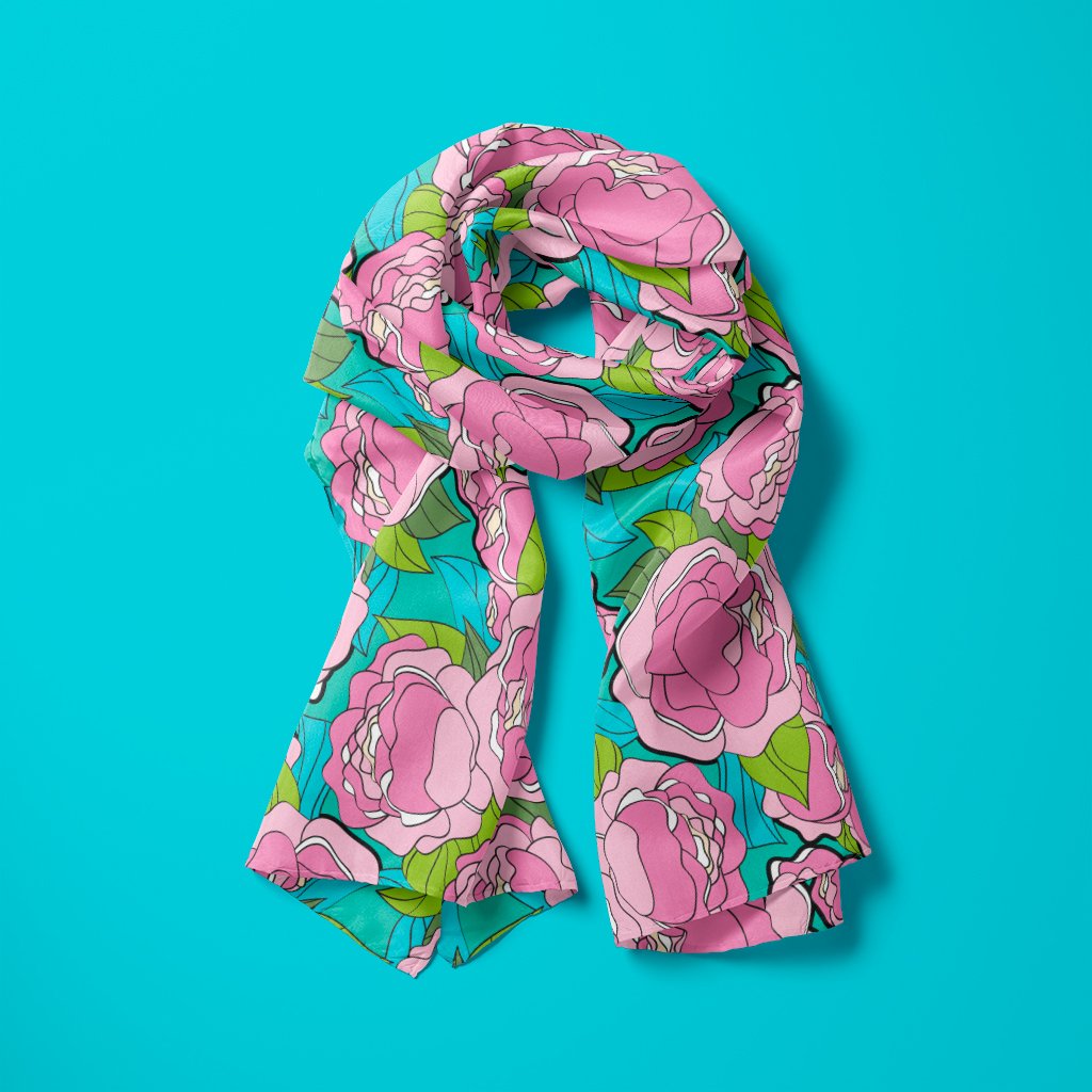 Scarf - BE MY ONLY pink turquoise - Bold pink peony print