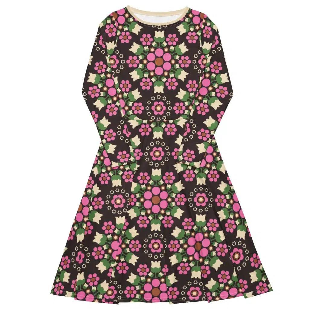 Midi dress - BERRY DANCE pink brown - Berries and flowers print