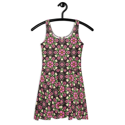 Skater dress - BERRY DANCE pink brown - Berries and flowers print 3XL