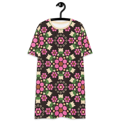 T-shirt dress - BERRY DANCE pink brown - Berries and flowers print 6XL