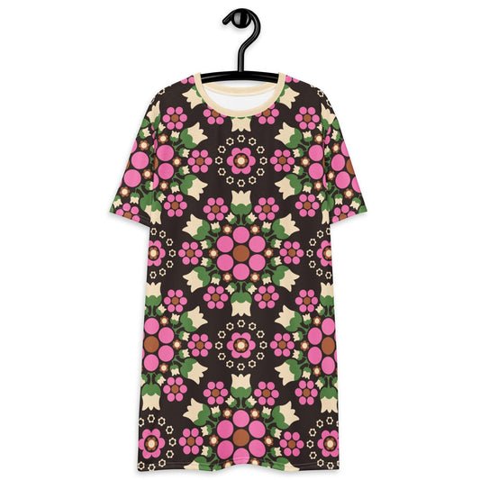 T-shirt dress - BERRY DANCE pink brown - Berries and flowers print 6XL