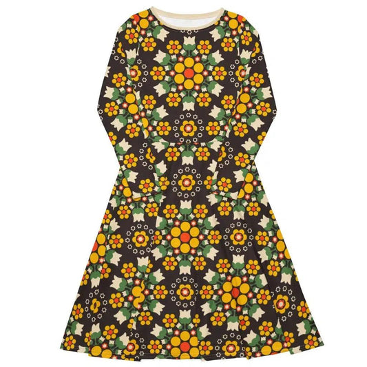 Midi dress - BERRY DANCE yellow brown - Berries and flowers print