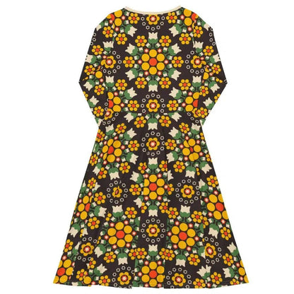 Midi dress - BERRY DANCE yellow brown - Berries and flowers print