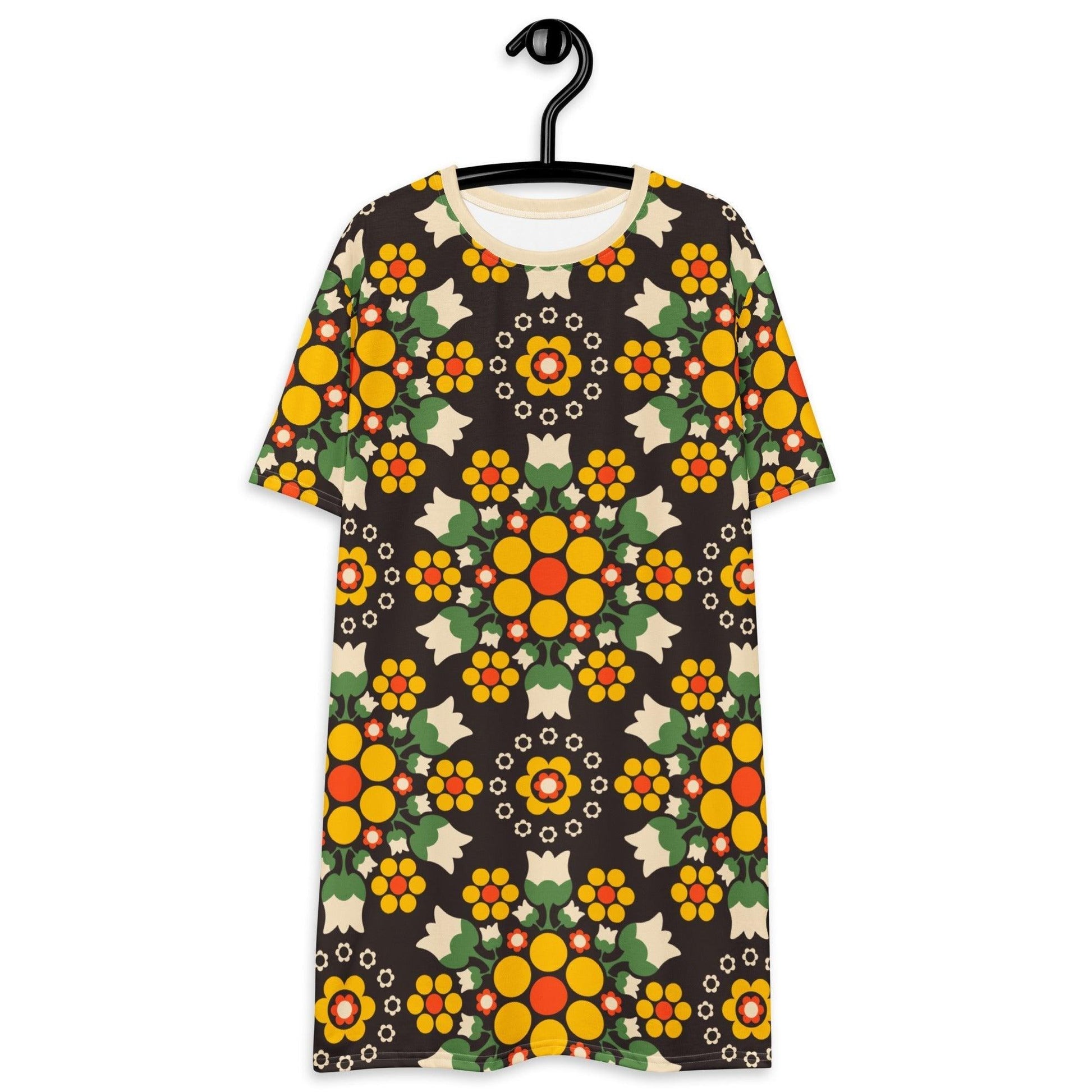 T-shirt dress - BERRY DANCE yellow brown - Berries and flowers print 6XL