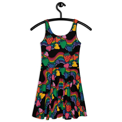 Skater dress - BERRYBOW black - Strawberry rainbow print Print