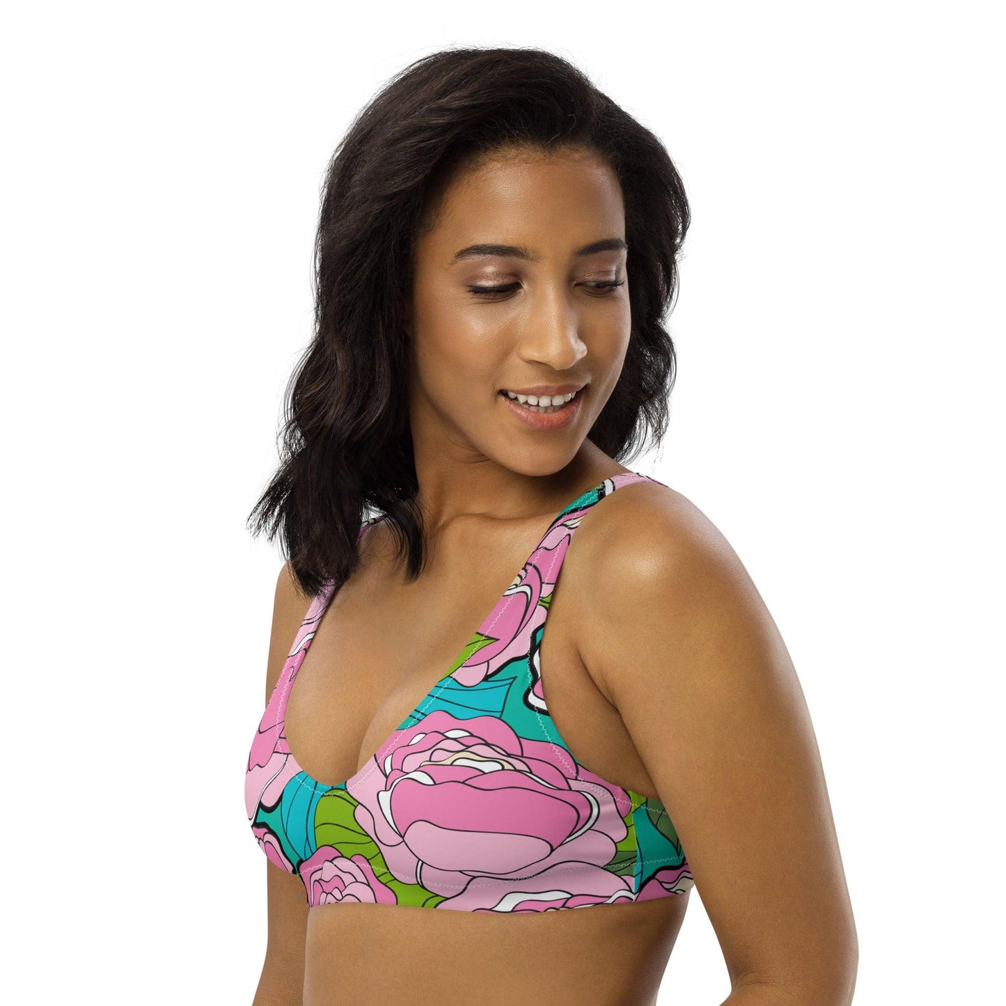 Bikini top - BE MY ONLY pink turquoise - Bold pink peony print