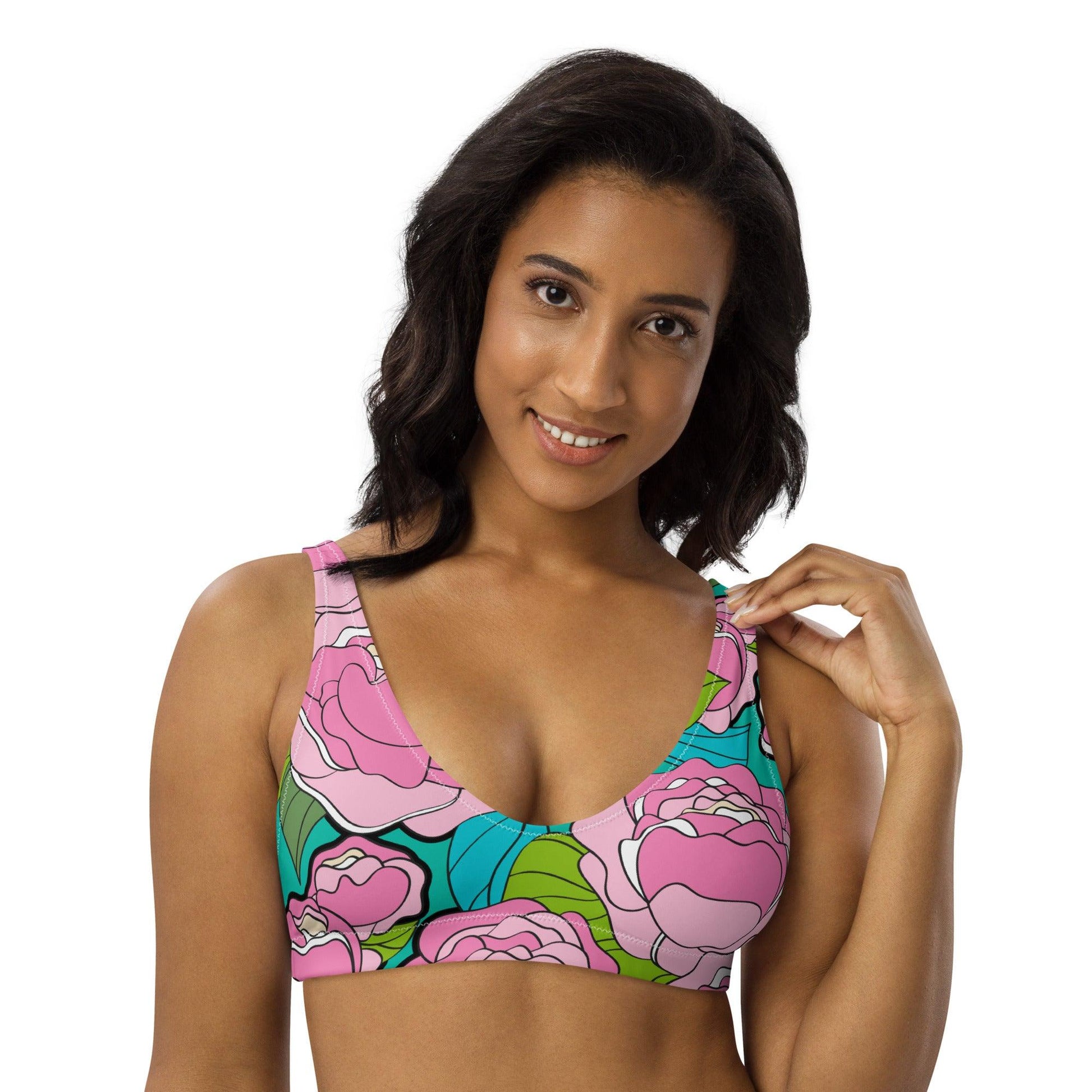 Bikini top - BE MY ONLY pink turquoise - Bold pink peony print 3XL