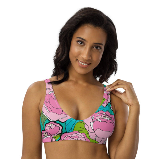 Bikini top - BE MY ONLY pink turquoise - Bold pink peony print 3XL