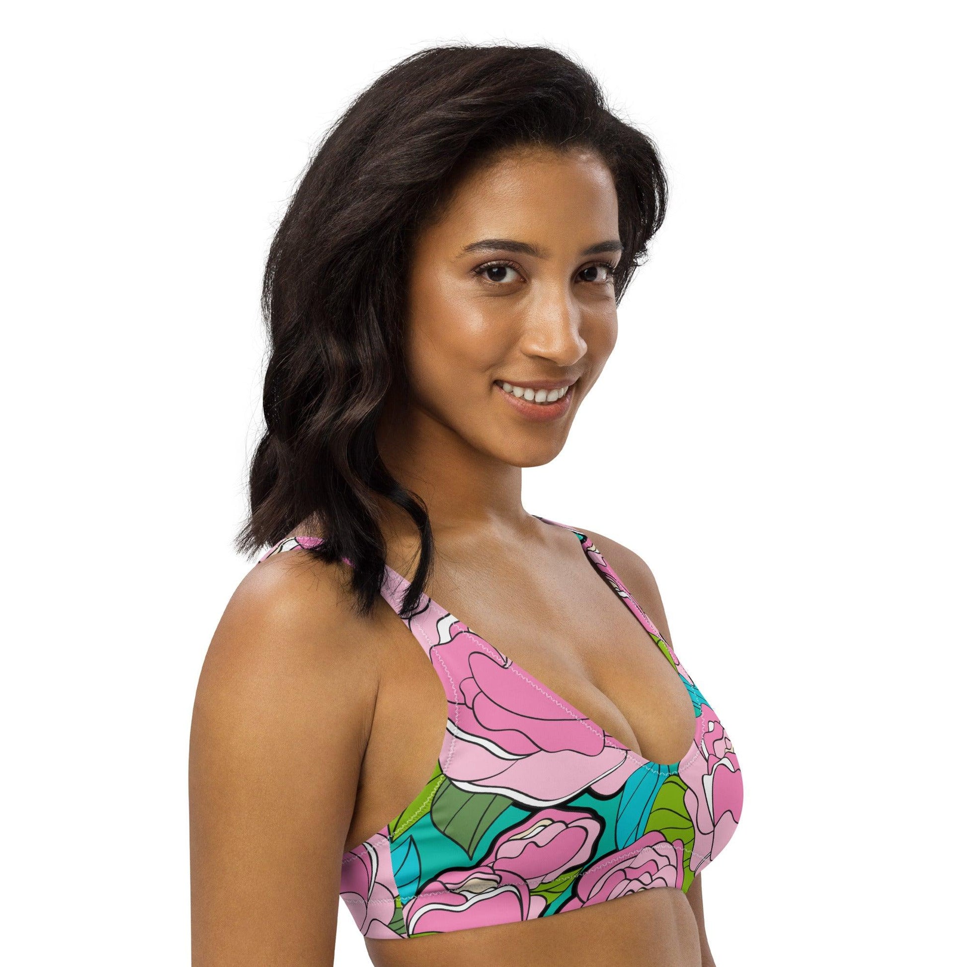 Bikini top - BE MY ONLY pink turquoise - Bold pink peony print