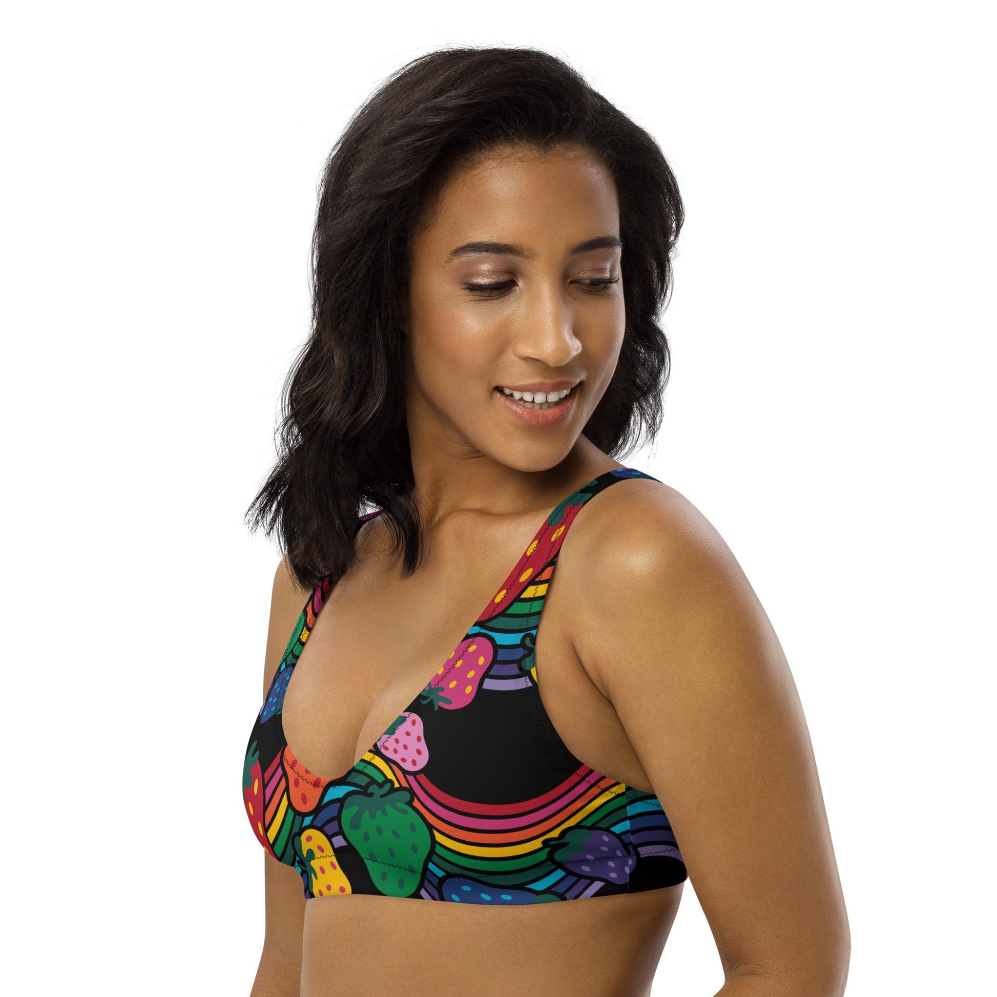 Bikini top - BERRYBOW black - Strawberry rainbow print Print