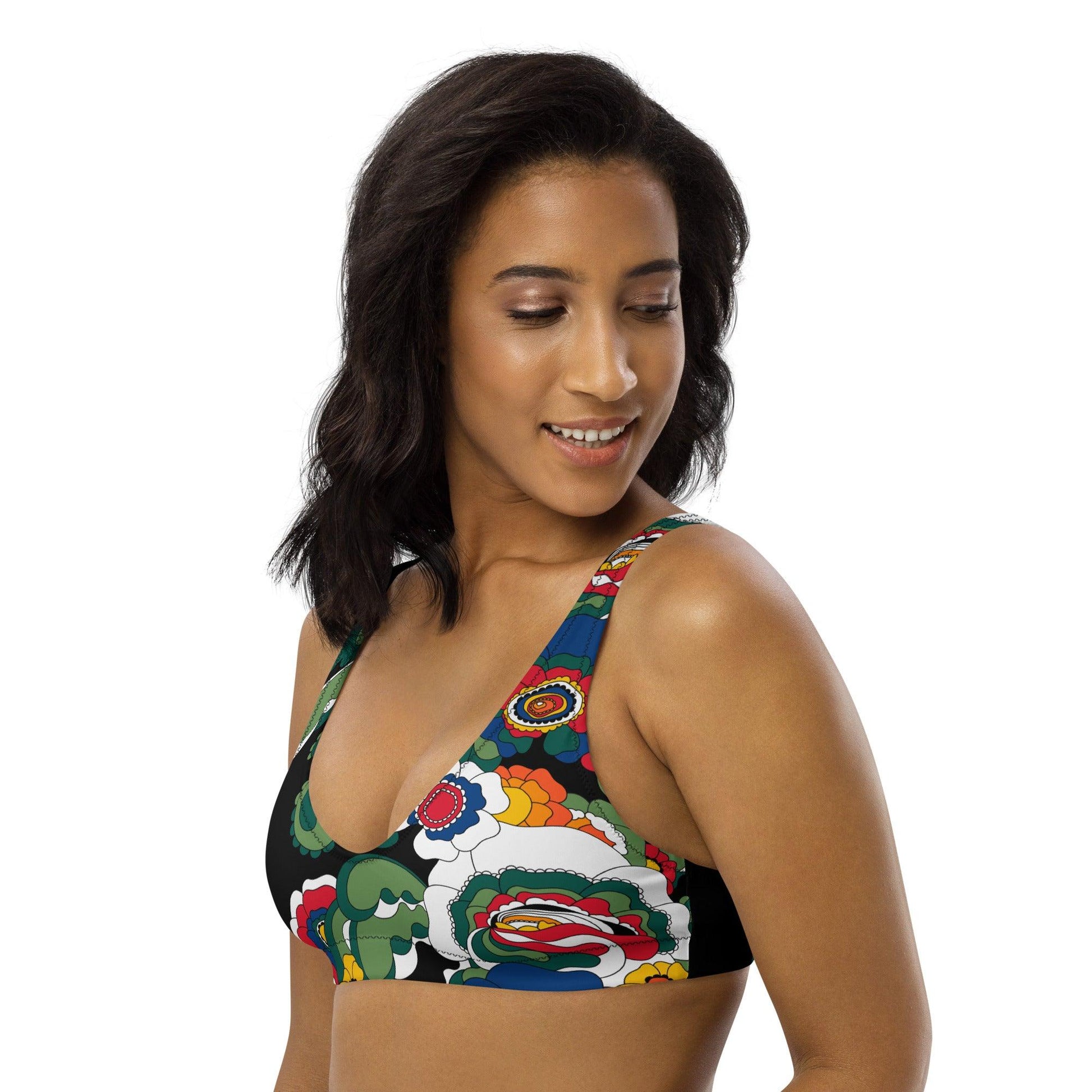 Bikini top - GROOVY KURBITS black - Folk floral print